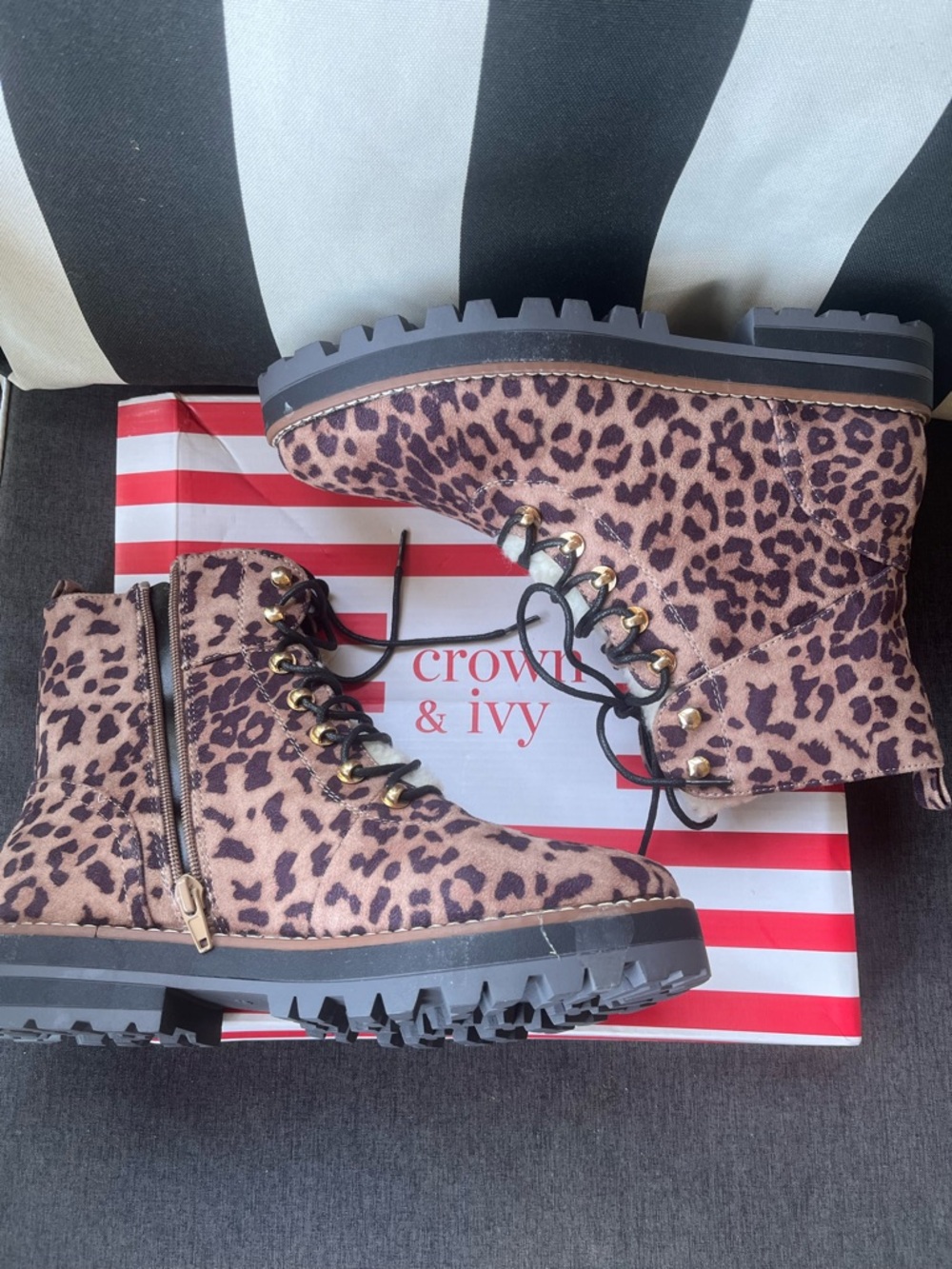 crown & ivy Leopard Print Lug Sole Combat Boots in Brown and Black